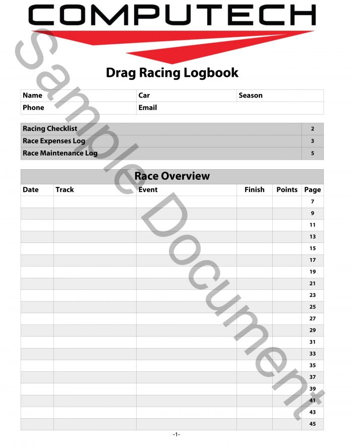 Drag Racing Log Book Computech