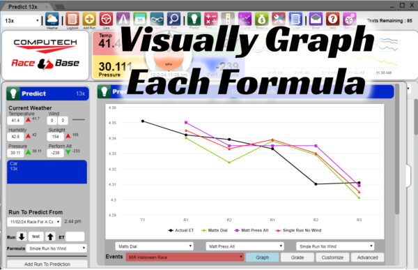 Prediction Report Card Graph on RaceBase Drag Racing Logbook Software is the Ultimate Racing Program. ET Prediction, Weight Index, Throttle Stop, Graphing, Maintenance & More