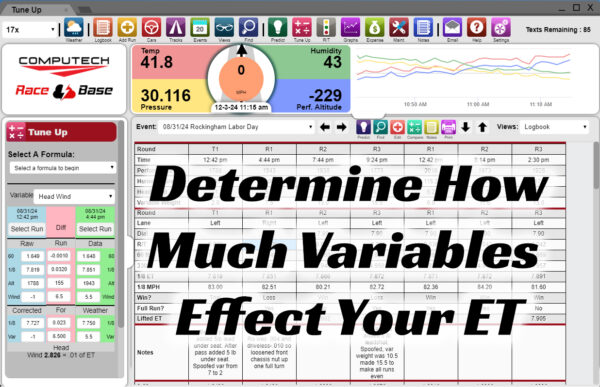 Variable Effect On ET Tool on RaceBase Drag Racing Logbook Software is the Ultimate Racing Program. ET Prediction, Weight Index, Throttle Stop, Graphing, Maintenance & More