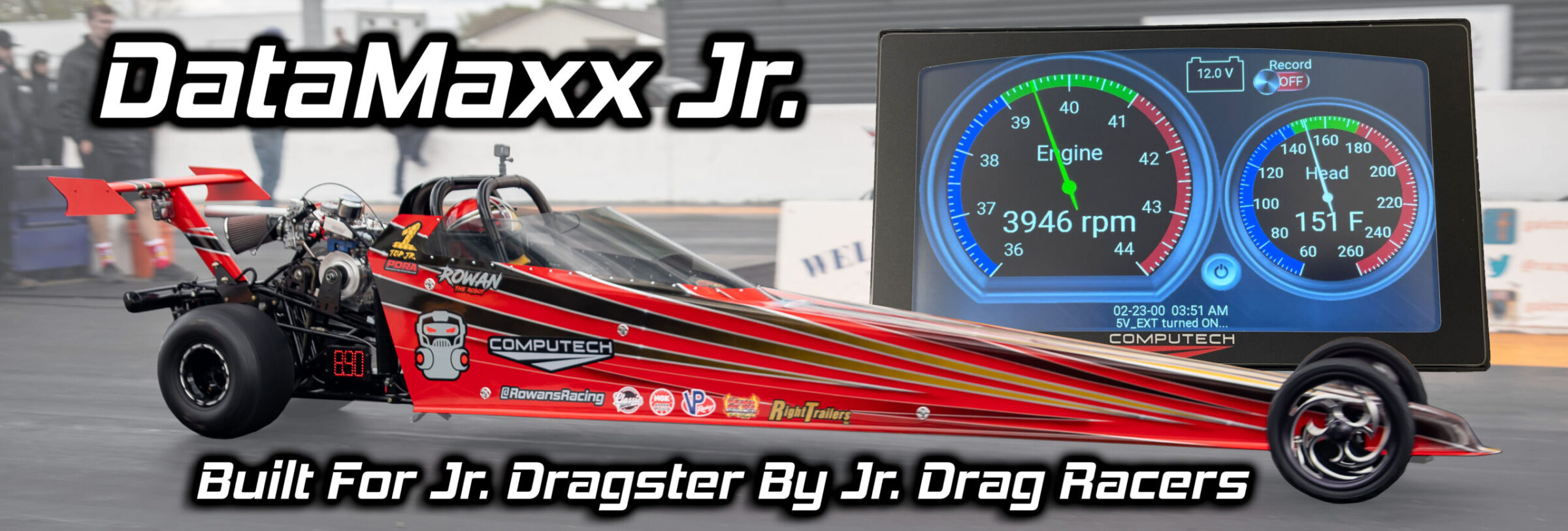 DataMaxx Jr. Dragster Data Logger with Jr. Dash Display with Needle Gauges. Best junior dragster data logger.